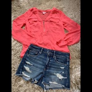 Candie’s Coral Blouse with Lace Detail